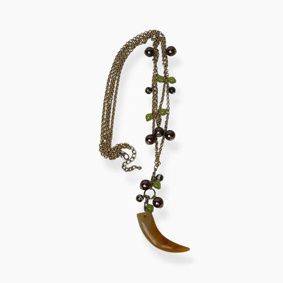 Necklace Horn Pendant Acrylic Brown Green Beads 2-Strand Chain Gold Tone Boho - Picture 7 of 11